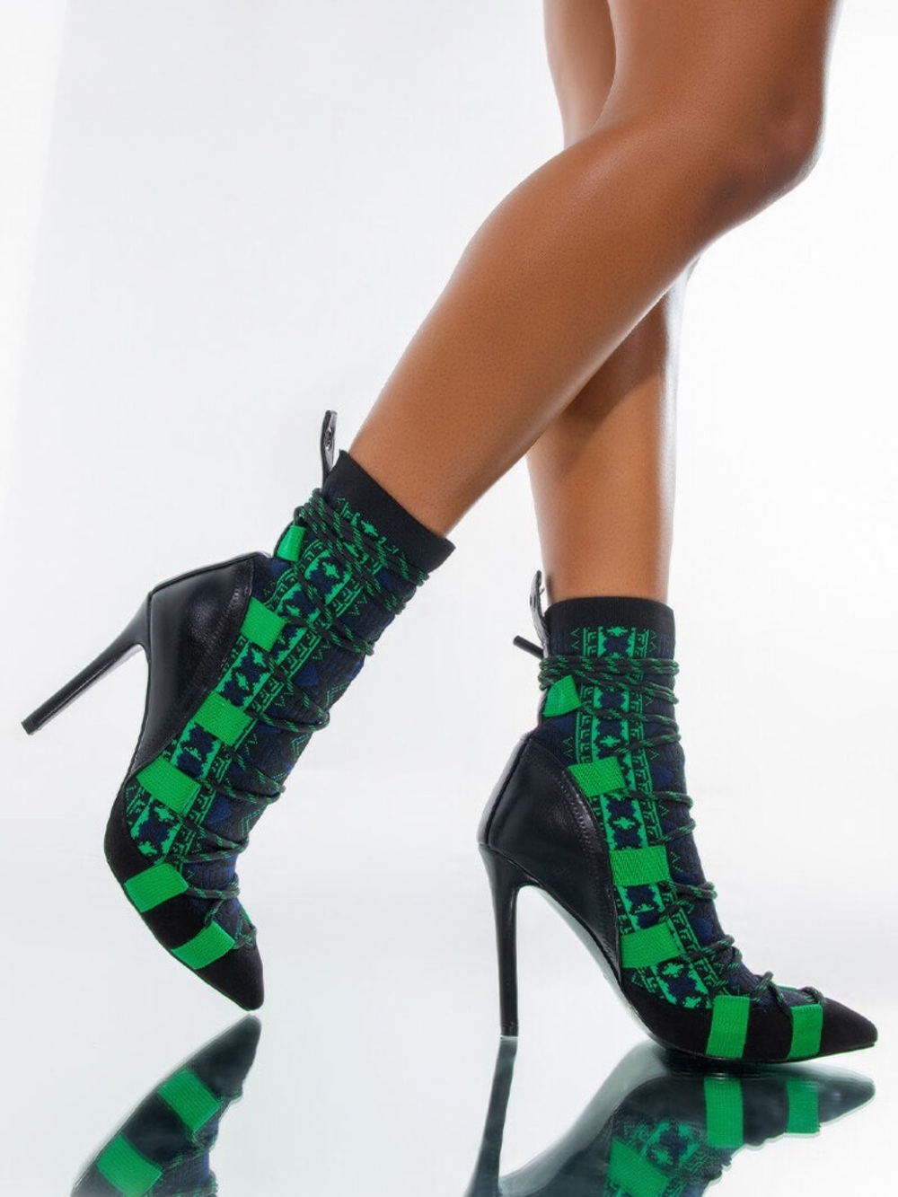 Women’s Black and Green High-Heel Lace Sock Boot
